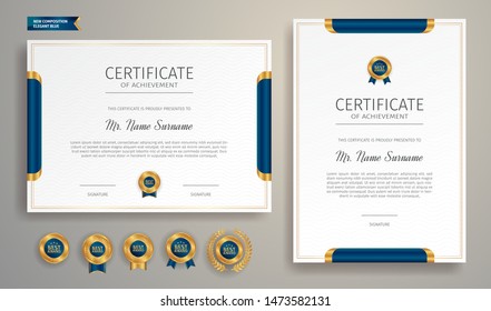 Blue and gold certificate of appreciation border template with luxury badge and modern line pattern. For award, business, and education needs