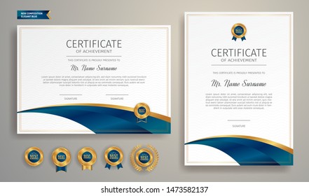 Blue and gold certificate of appreciation border template with luxury badge and modern line pattern. For award, business, and education needs