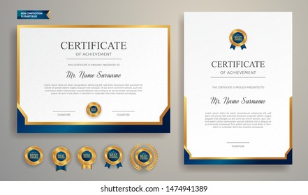 Blue and gold certificate of appreciation border template with luxury badge and modern line pattern. For award, business, and education needs