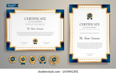 Blue and gold certificate of appreciation border template with luxury badge and modern line pattern. For award, business, and education needs