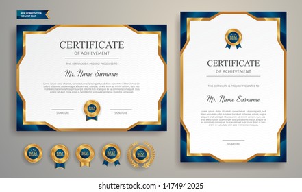 Blue and gold certificate of appreciation border template with luxury badge and modern line pattern. For award, business, and education needs