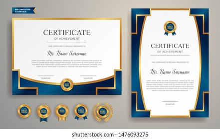 Blue and gold certificate of appreciation border template with luxury badge and modern line pattern. For award, business, and education needs