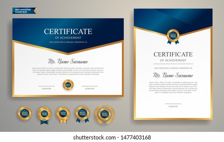 Blue and gold certificate of appreciation border template with luxury badge and modern line pattern. For award, business, and education needs