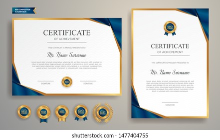 Blue and gold certificate of appreciation border template with luxury badge and modern line pattern. For award, business, and education needs