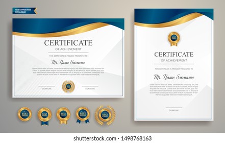 Blue and gold certificate of appreciation border template with luxury badge and modern line pattern. For award, business, and education needs