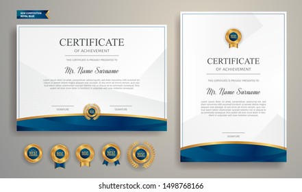 Blue and gold certificate of appreciation border template with luxury badge and modern line pattern. For award, business, and education needs