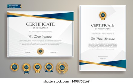 Blue and gold certificate of appreciation border template with luxury badge and modern line pattern. For award, business, and education needs