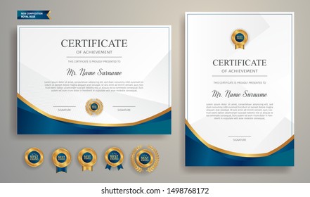 Blue and gold certificate of appreciation border template with luxury badge and modern line pattern. For award, business, and education needs