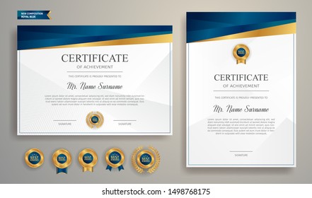 Blue and gold certificate of appreciation border template with luxury badge and modern line pattern. For award, business, and education needs