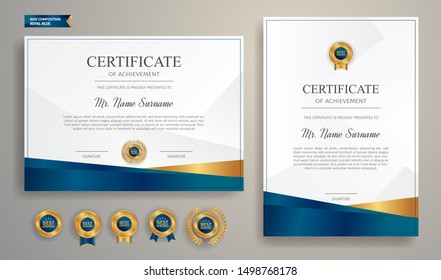 Blue and gold certificate of appreciation border template with luxury badge and modern line pattern. For award, business, and education needs