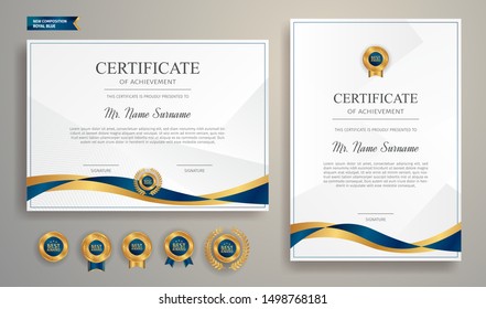 Blue and gold certificate of appreciation border template with luxury badge and modern line pattern. For award, business, and education needs