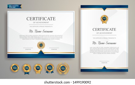 Blue and gold certificate of appreciation border template with luxury badge and modern line pattern. For award, business, and education needs