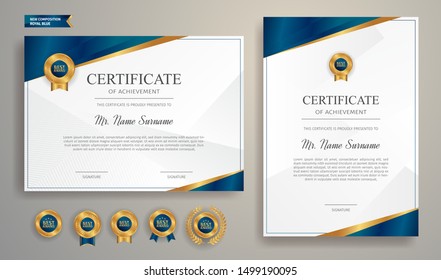 Blue and gold certificate of appreciation border template with luxury badge and modern line pattern. For award, business, and education needs