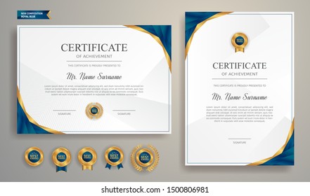 Blue and gold certificate of appreciation border template with luxury badge and modern line pattern. For award, business, and education needs