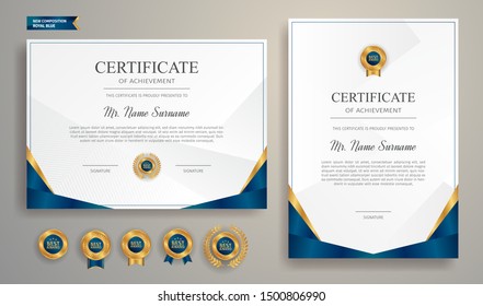 Blue and gold certificate of appreciation border template with luxury badge and modern line pattern. For award, business, and education needs