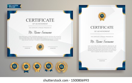 Blue and gold certificate of appreciation border template with luxury badge and modern line pattern. For award, business, and education needs