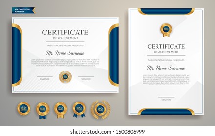 Blue And Gold Certificate Of Appreciation Border Template With Luxury Badge And Modern Line Pattern. For Award, Business, And Education Needs