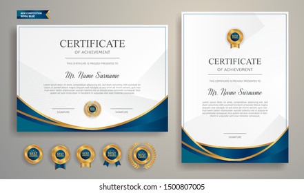 Blue and gold certificate of appreciation border template with luxury badge and modern line pattern. For award, business, and education needs