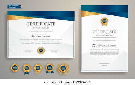 Blue and gold certificate of appreciation border template with luxury badge and modern line pattern. For award, business, and education needs