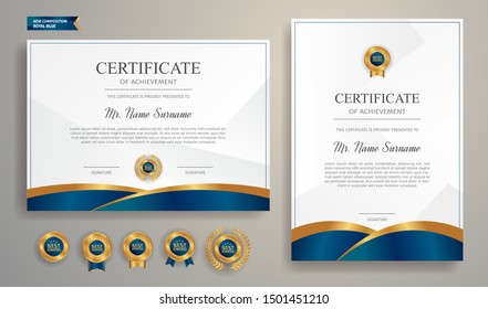 Blue and gold certificate of appreciation border template with luxury badge and modern line pattern. For award, business, and education needs