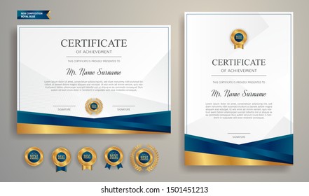 Blue and gold certificate of appreciation border template with luxury badge and modern line pattern. For award, business, and education needs