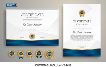 Blue and gold certificate of appreciation border template with luxury badge and modern line pattern. For award, business, and education needs