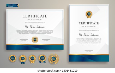 Blue and gold certificate of appreciation border template with luxury badge and modern line pattern. For award, business, and education needs