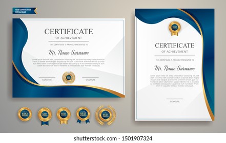 Blue and gold certificate of appreciation border template with luxury badge and modern line pattern. For award, business, and education needs