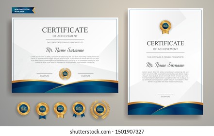 Blue and gold certificate of appreciation border template with luxury badge and modern line pattern. For award, business, and education needs