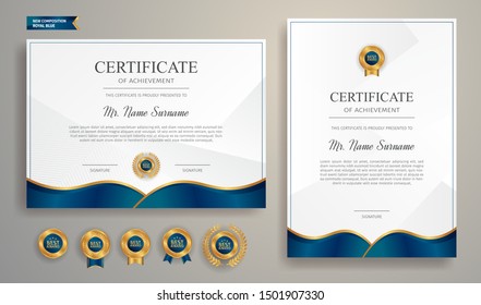 Blue and gold certificate of appreciation border template with luxury badge and modern line pattern. For award, business, and education needs