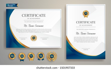 Blue and gold certificate of appreciation border template with luxury badge and modern line pattern. For award, business, and education needs