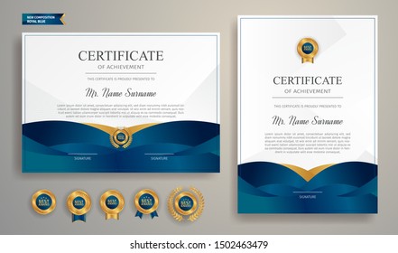 Blue and gold certificate of appreciation border template with luxury badge and modern line pattern. For award, business, and education needs