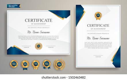 Blue and gold certificate of appreciation border template with luxury badge and modern line pattern. For award, business, and education needs