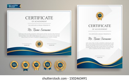 Blue and gold certificate of appreciation border template with luxury badge and modern line pattern. For award, business, and education needs