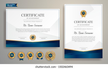 Blue and gold certificate of appreciation border template with luxury badge and modern line pattern. For award, business, and education needs