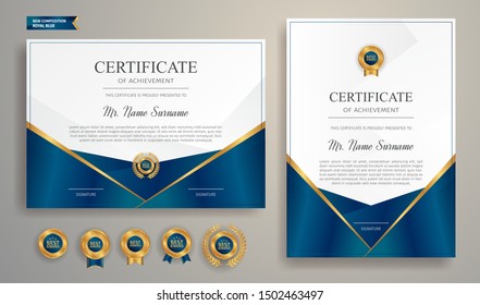 Blue and gold certificate of appreciation border template with luxury badge and modern line pattern. For award, business, and education needs
