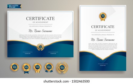 Blue and gold certificate of appreciation border template with luxury badge and modern line pattern. For award, business, and education needs