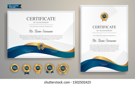 Blue and gold certificate of appreciation border template with luxury badge and modern line pattern. For award, business, and education needs