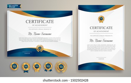 Blue and gold certificate of appreciation border template with luxury badge and modern line pattern. For award, business, and education needs