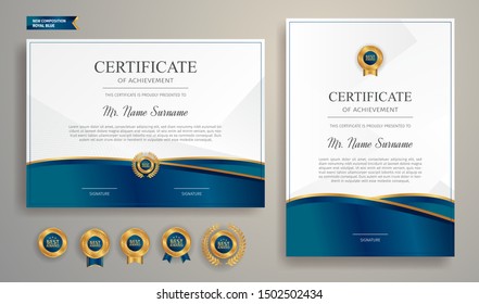 Blue and gold certificate of appreciation border template with luxury badge and modern line pattern. For award, business, and education needs