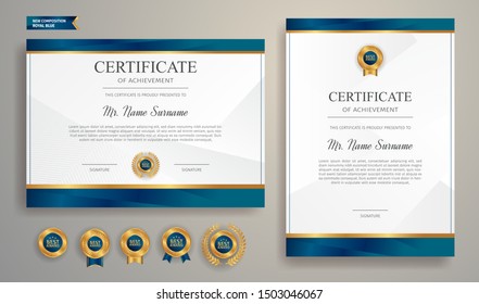 Blue and gold certificate of appreciation border vector template with luxury badge and modern line pattern. For award, business, and education needs