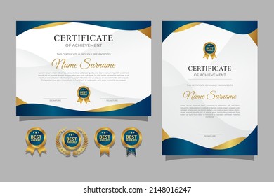 Blue and gold certificate of appreciation border template with luxury badges and modern line pattern