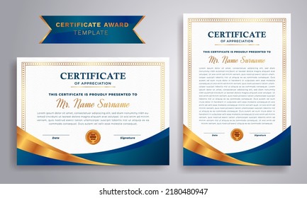 Blue and gold certificate of appreciation border template with luxury badge and modern line pattern. For award, business, and education needs.