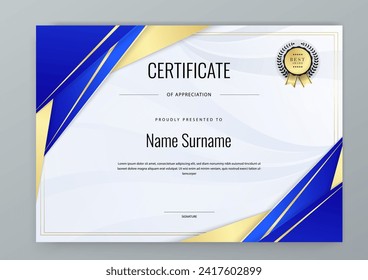 Blue and gold certificate of appreciation border template with luxury badge and modern line and shapes