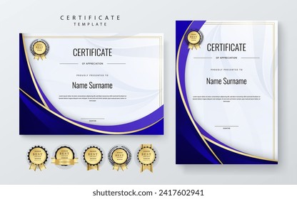 Blue and gold certificate of appreciation border template with luxury badge and modern line and shapes