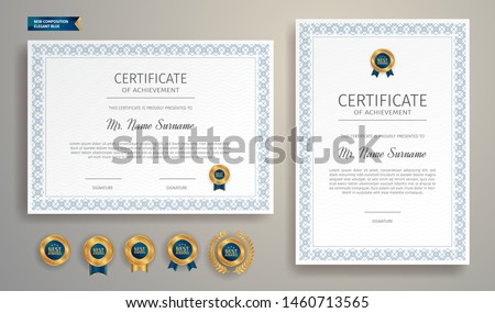 Blue and gold certificate of appreciation border template with luxury badge and modern line pattern