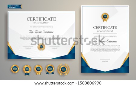 Blue and gold certificate of appreciation border template with luxury badge and modern line pattern. For award, business, and education needs
