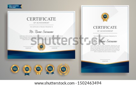 Blue and gold certificate of appreciation border template with luxury badge and modern line pattern. For award, business, and education needs