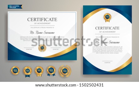 Blue and gold certificate of appreciation border template with luxury badge and modern line pattern. For award, business, and education needs