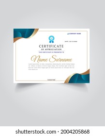 Blue and gold certificate of appreciation template, gold and blue color. Clean modern certificate with gold badge. Certificate template with luxury and modern line pattern. Diploma vector t